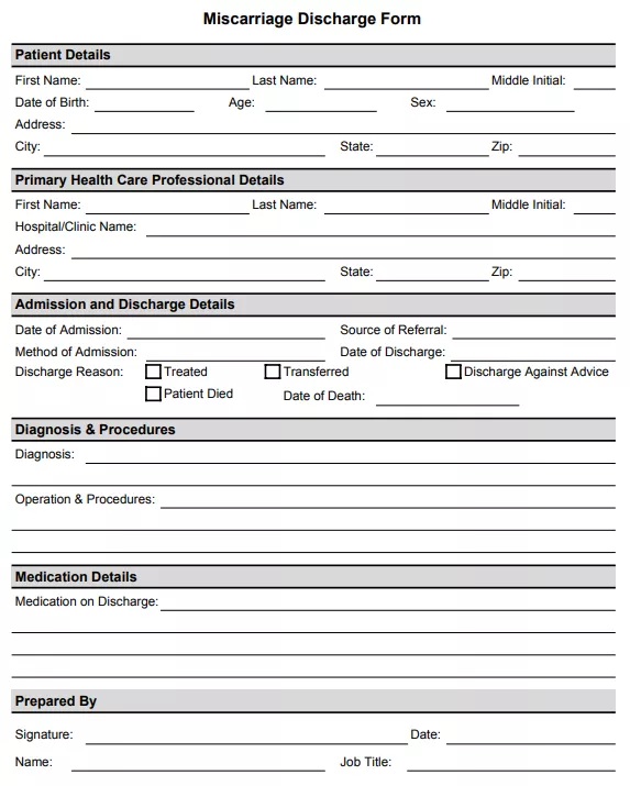 Fillable Form Miscarriage Discharge Paper | PDFRun